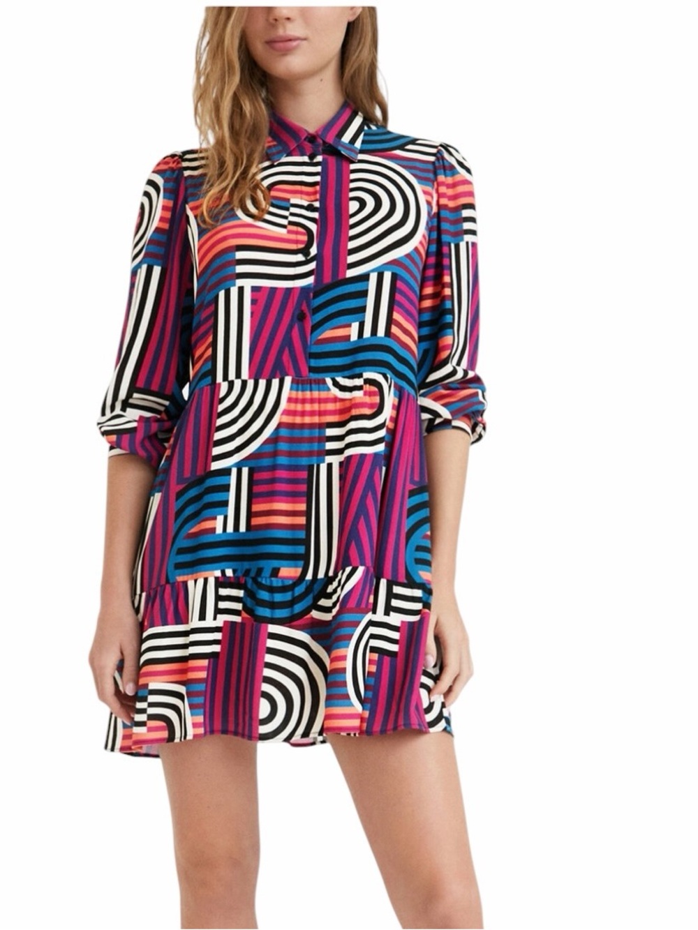 Desigual XL Geometric Print Tiered Shirt Dress Tunic Multicolor Long Sleeve